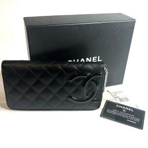 New CHANEL Cambon Black  Leather Zip Around Wallet with Pink Lining